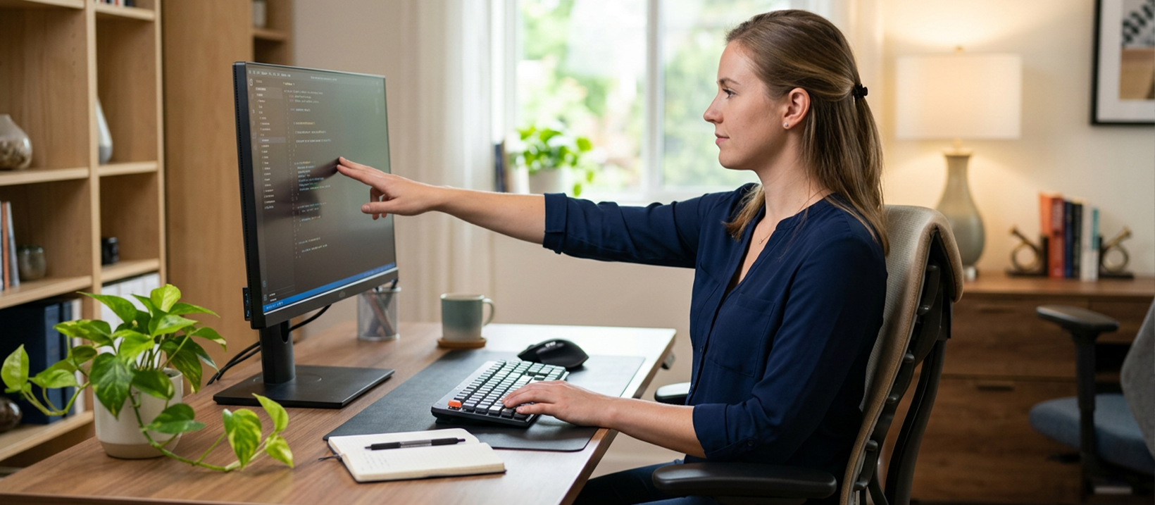 Person seated at a desk with monitor positioned at arm's length and at eye level to avoid neck strain